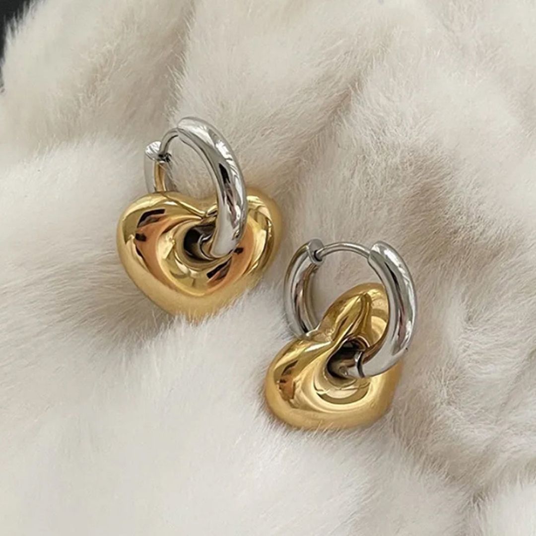Dual Tone Heart Hoop Earrings
