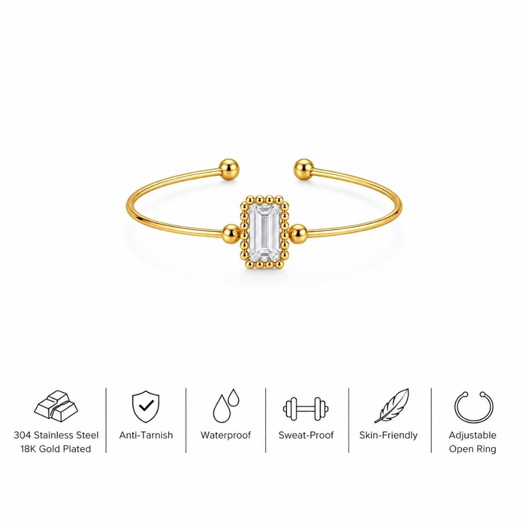 Adjustable open gold ring with emerald cut cubic zirconia, 304 stainless steel specifications