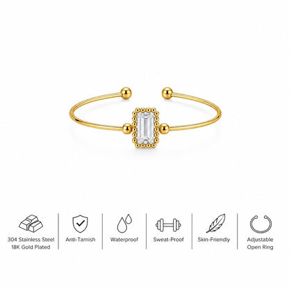 Adjustable open gold ring with emerald cut cubic zirconia, 304 stainless steel specifications