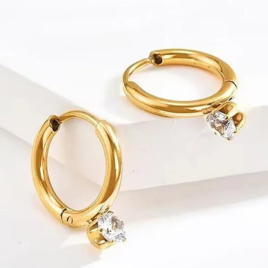 Hexaglow 18K gold plated hoop earrings with solitaire-style clear stone drop