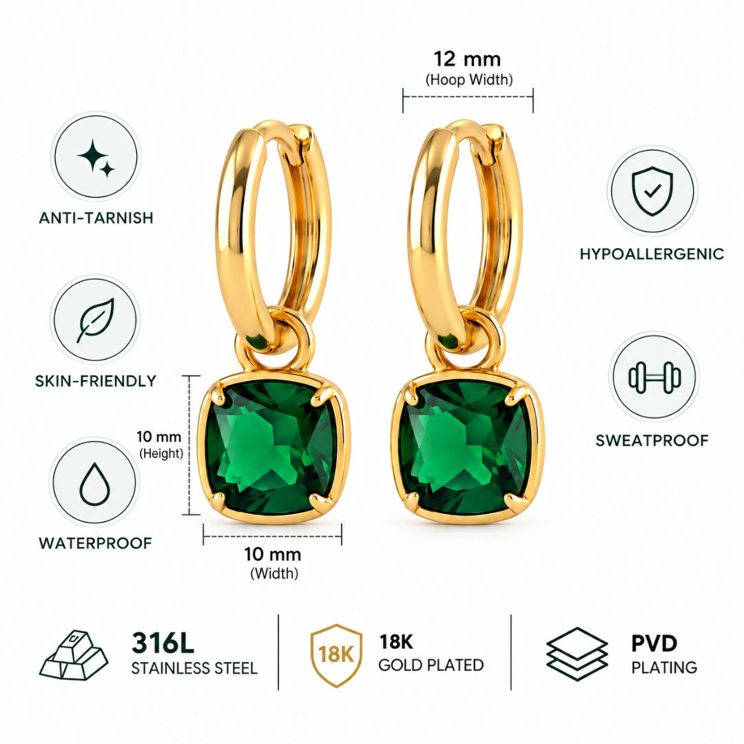Drama Queen Emerald Earrings product features infographic