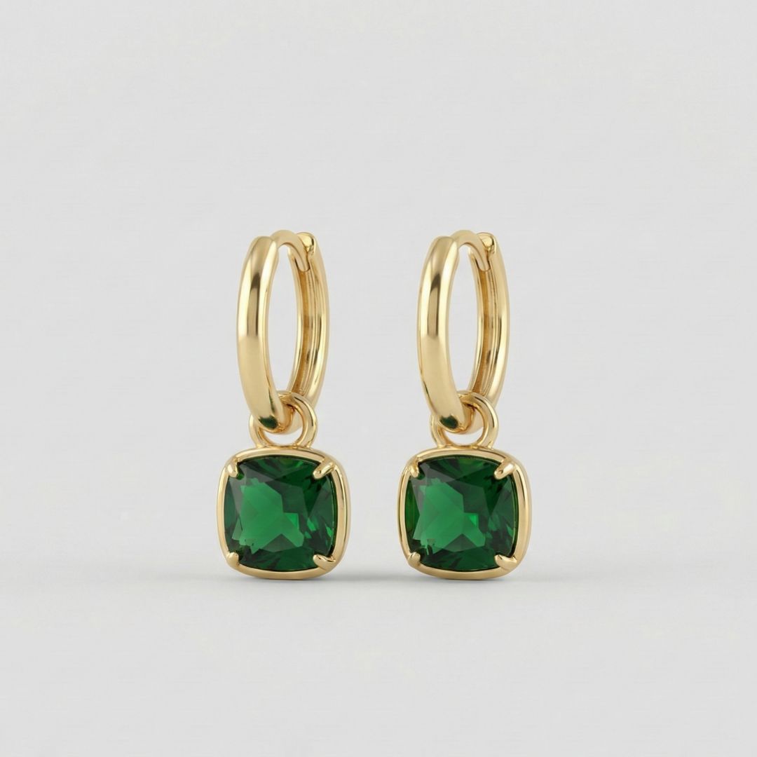 18K gold PVD plated hoop earrings with emerald-green statement stone