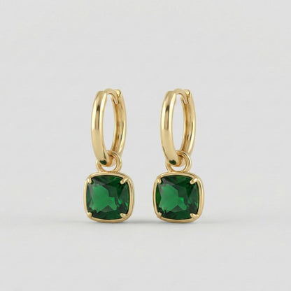 18K gold PVD plated hoop earrings with emerald-green statement stone