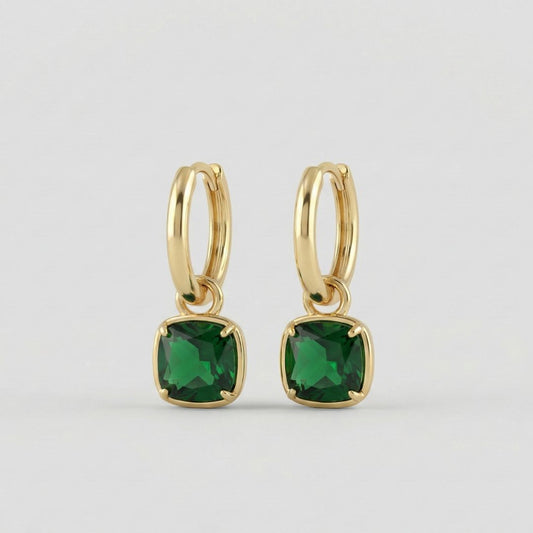 18K gold PVD plated hoop earrings with emerald-green statement stone